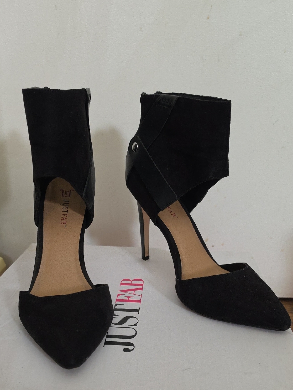 JustFab Black Suede Pointed-Toe Ankle Strap Stiletto Heels
